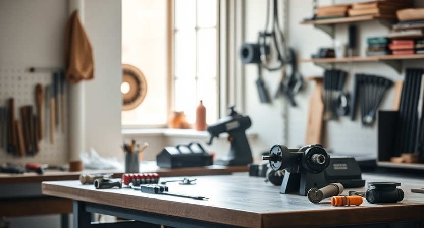 Professional workspace showing lock and key duplication equipment