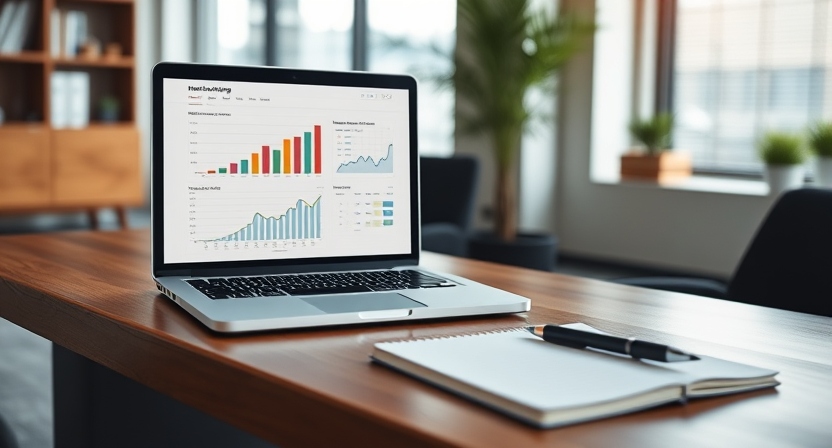 Professional workspace showing a laptop displaying digital marketing analytics on a clean desk