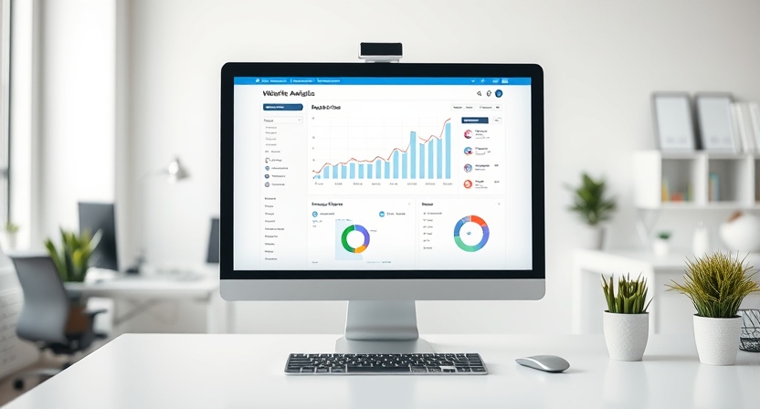 A modern computer workstation displaying website analytics in a quiet office environment